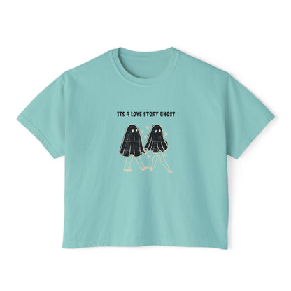 Cute Love Story Ghost Women's Boxy Tee, Fun Casual Top, Halloween Apparel, Gift for Ghost Lovers, Spooky Season Shirt, Relaxed Fit Tee - MaisonThreadory
