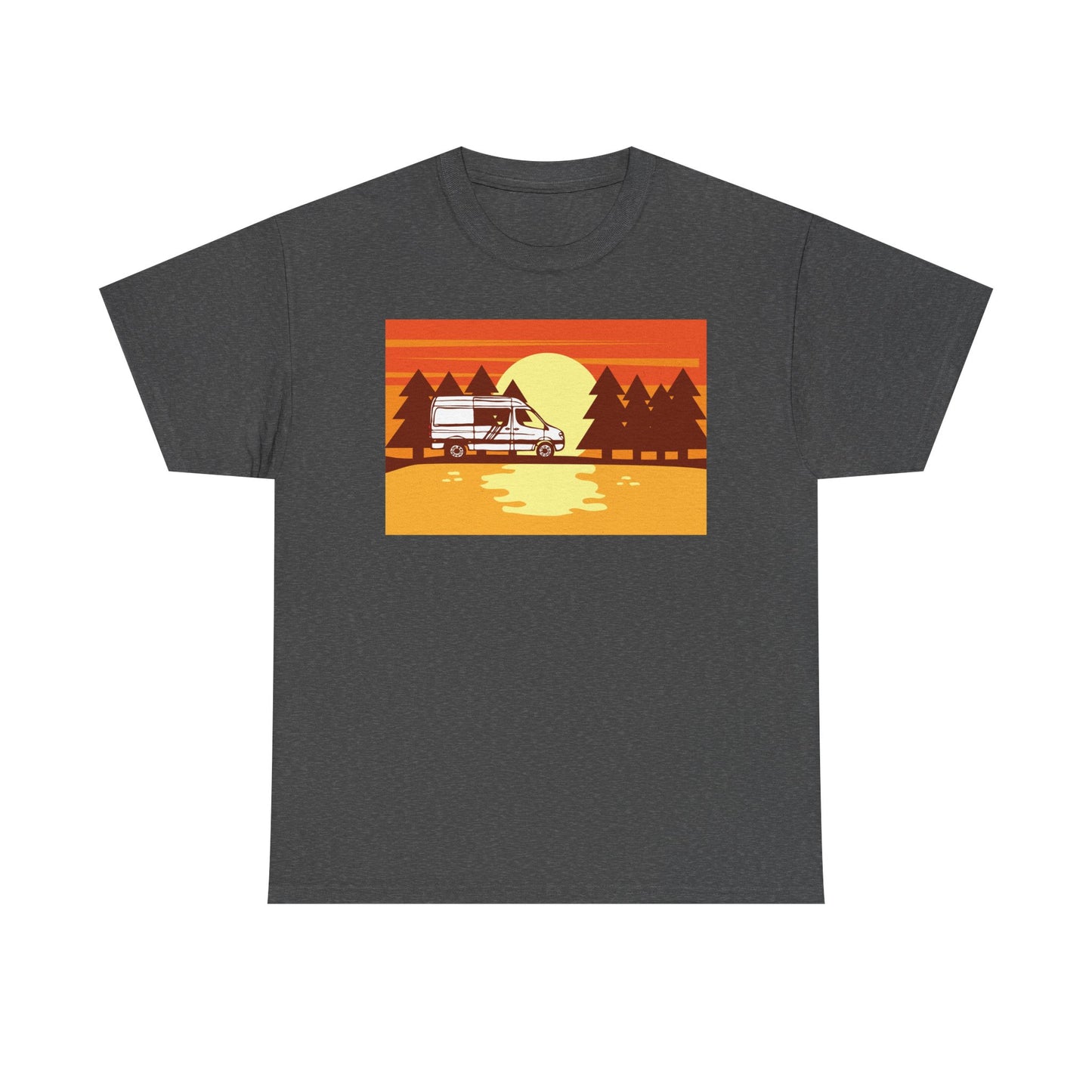 Retro Sunset Camper Unisex Heavy Cotton Tee, Vintage T-Shirt, Camping Apparel, Summer Shirt, Gift for Travel Lovers - MaisonThreadory