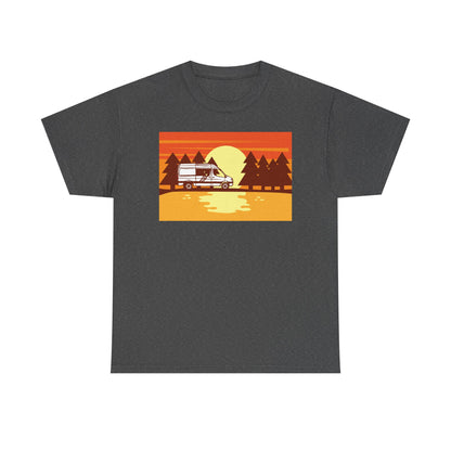Retro Sunset Camper Unisex Heavy Cotton Tee, Vintage T-Shirt, Camping Apparel, Summer Shirt, Gift for Travel Lovers - MaisonThreadory