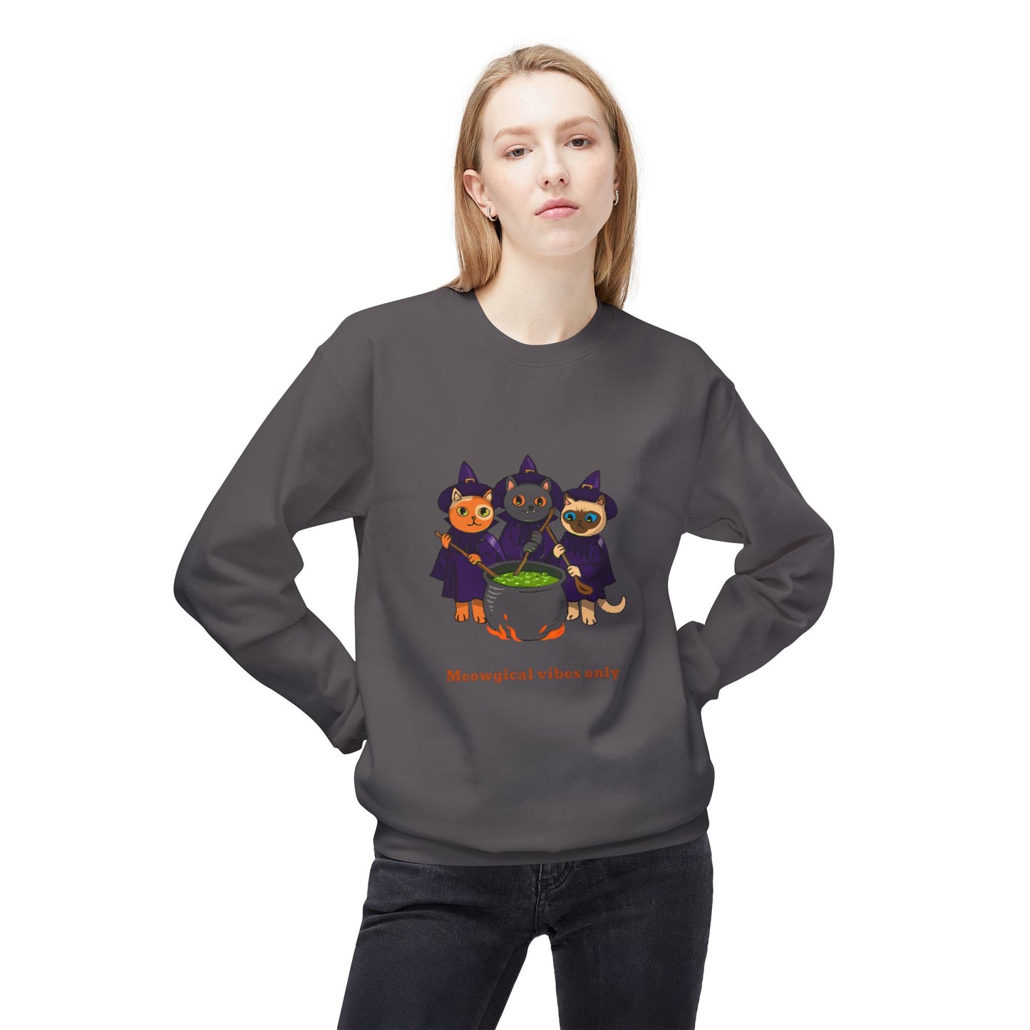 Whimsical Halloween Cat Crewneck Sweatshirt, Cozy Fall Fashion, Pumpkin Spice Sweater, Cute Cat Lovers Gift, Spooky Season Apparel - MaisonThreadory