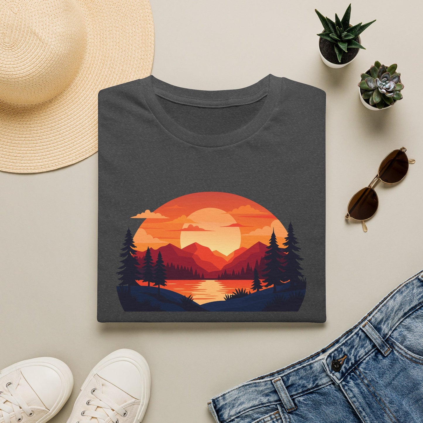 Sunset Mountain Lake T-Shirt — Retro Nature Graphic Tee for Outdoors Lovers