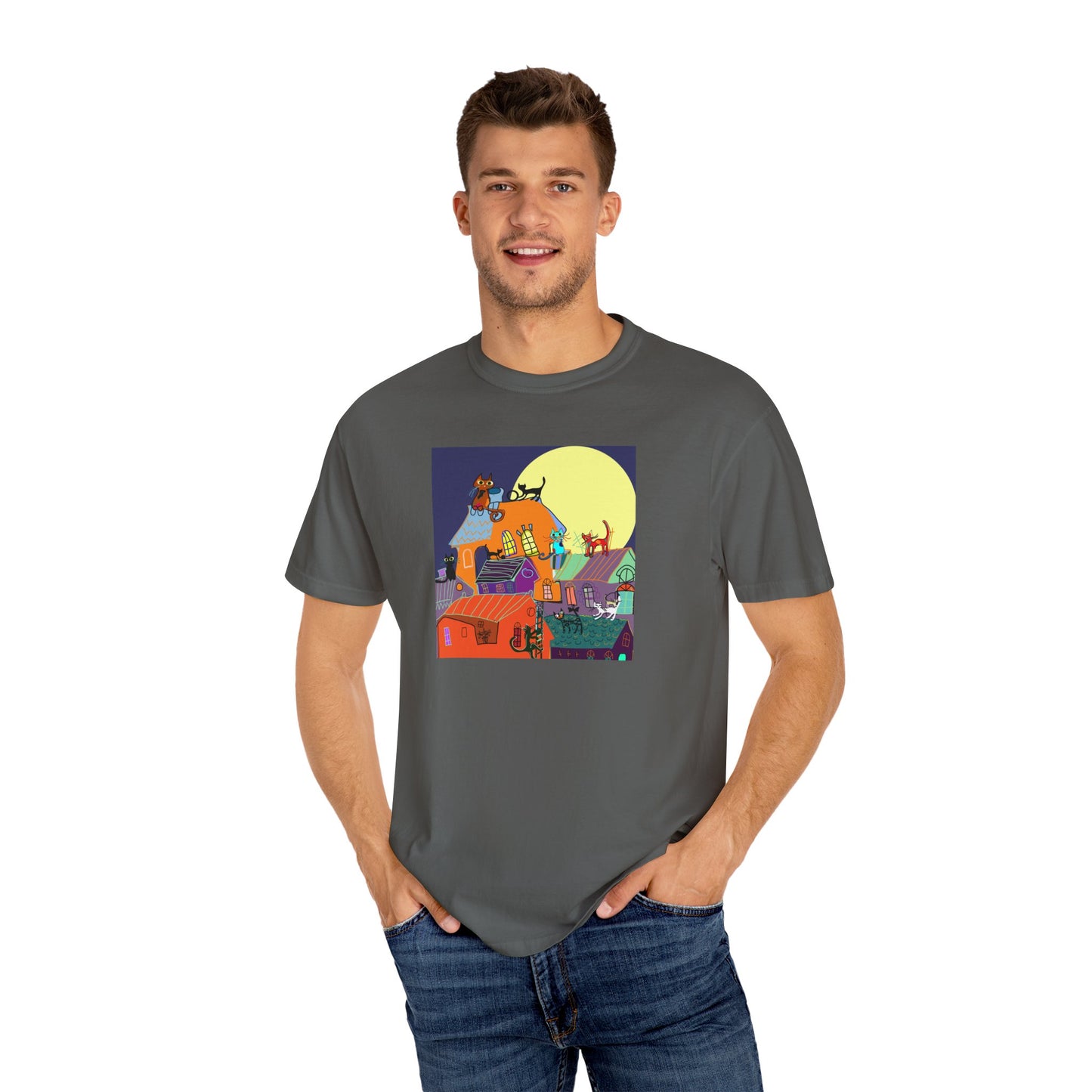 Moonlit Canine Adventure T-Shirt, Unisex Dog Lover Tee, Garment-Dyed Graphic Top, Pet-Themed Gift, Casual Wear