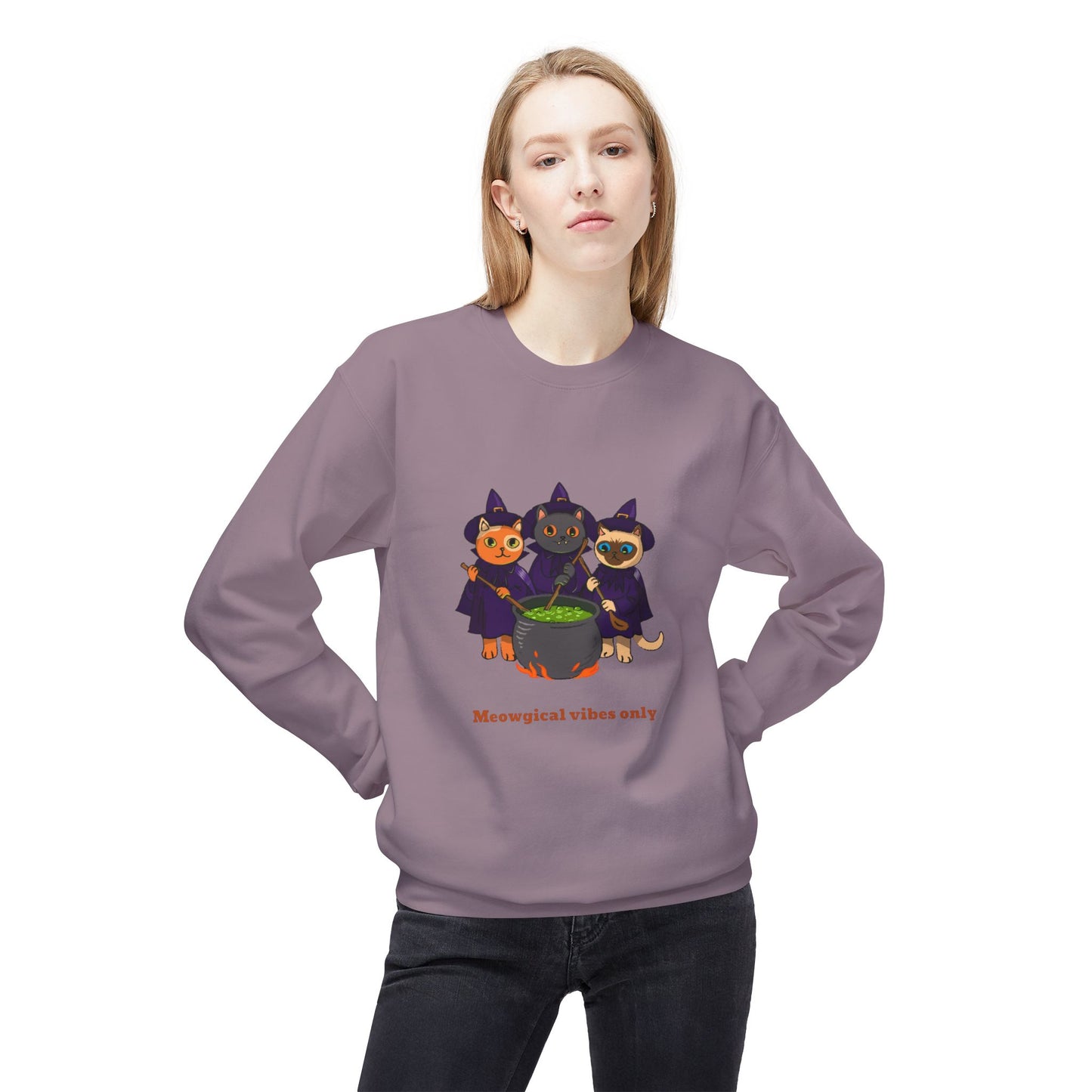 Whimsical Halloween Cat Crewneck Sweatshirt, Cozy Fall Fashion, Pumpkin Spice Sweater, Cute Cat Lovers Gift, Spooky Season Apparel - MaisonThreadory
