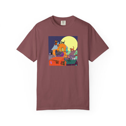 Moonlit Canine Adventure T-Shirt, Unisex Dog Lover Tee, Garment-Dyed Graphic Top, Pet-Themed Gift, Casual Wear