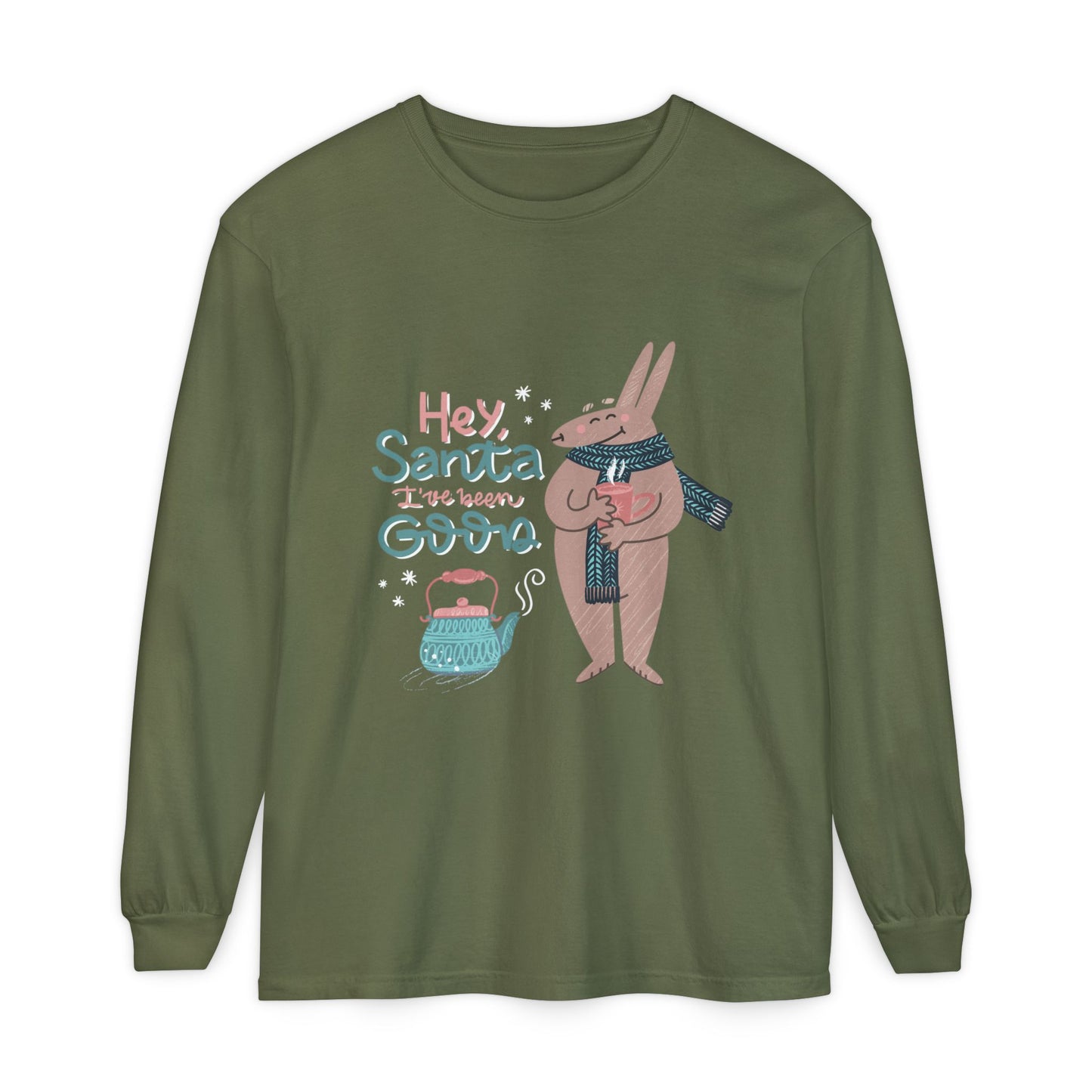 Hey Santa I’ve Been Good Long Sleeve T-Shirt — Cute Bunny Christmas Holiday Top