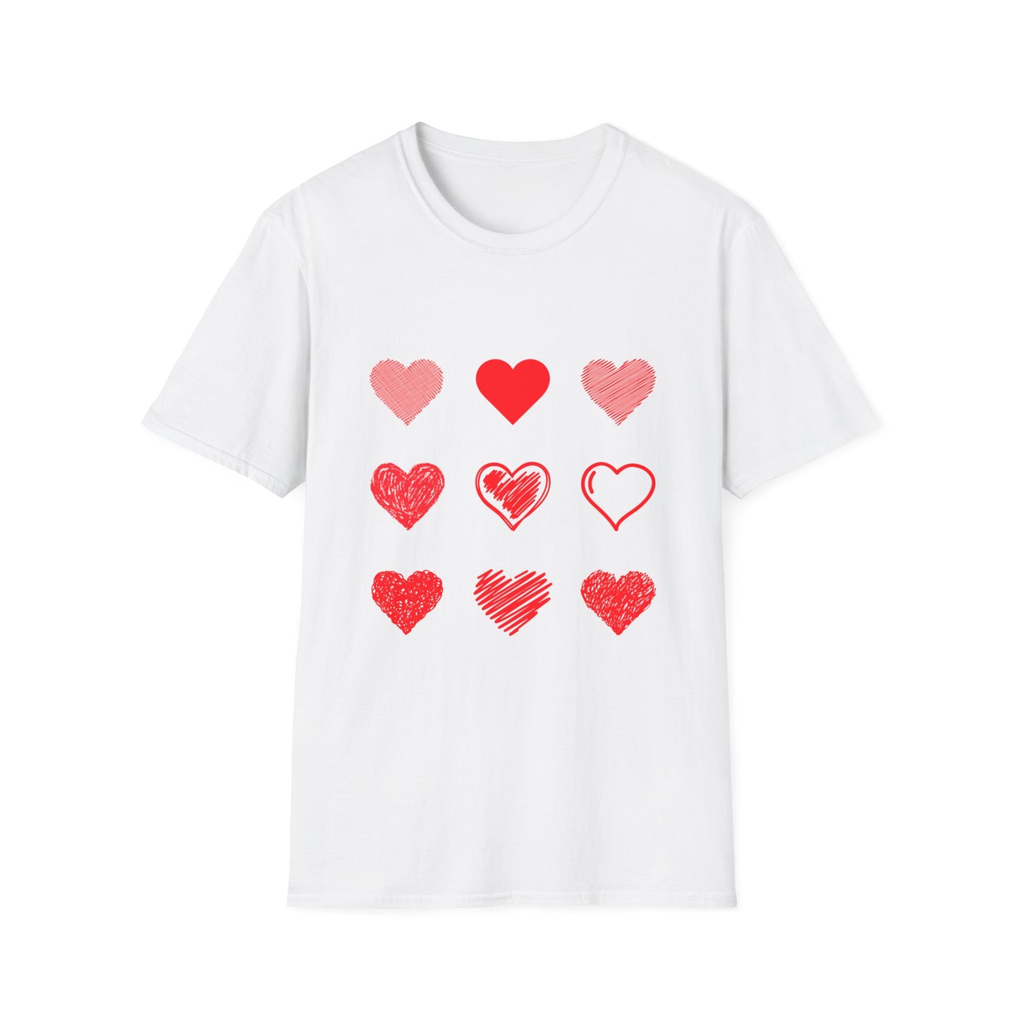 Heart Icons T-Shirt — Red Sketch & Filled Heart Graphic Tee for Valentine’s Day