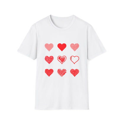 Heart Icons T-Shirt — Red Sketch & Filled Heart Graphic Tee for Valentine’s Day