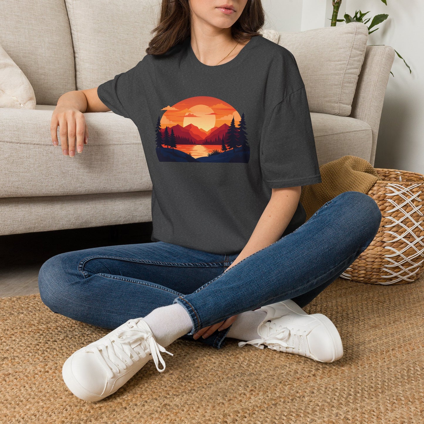 Sunset Mountain Lake T-Shirt — Retro Nature Graphic Tee for Outdoors Lovers