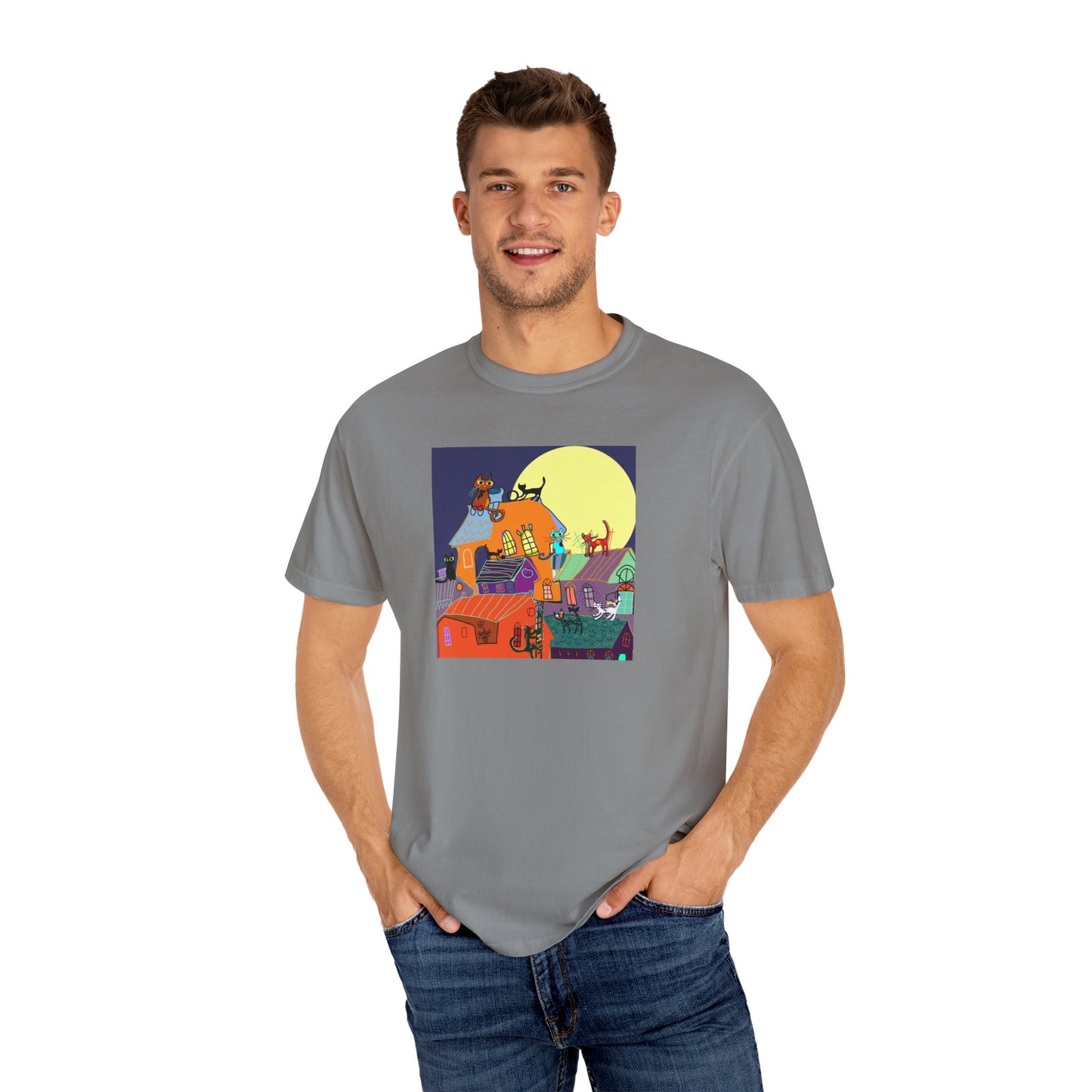 Moonlit Canine Adventure T-Shirt, Unisex Dog Lover Tee, Garment-Dyed Graphic Top, Pet-Themed Gift, Casual Wear