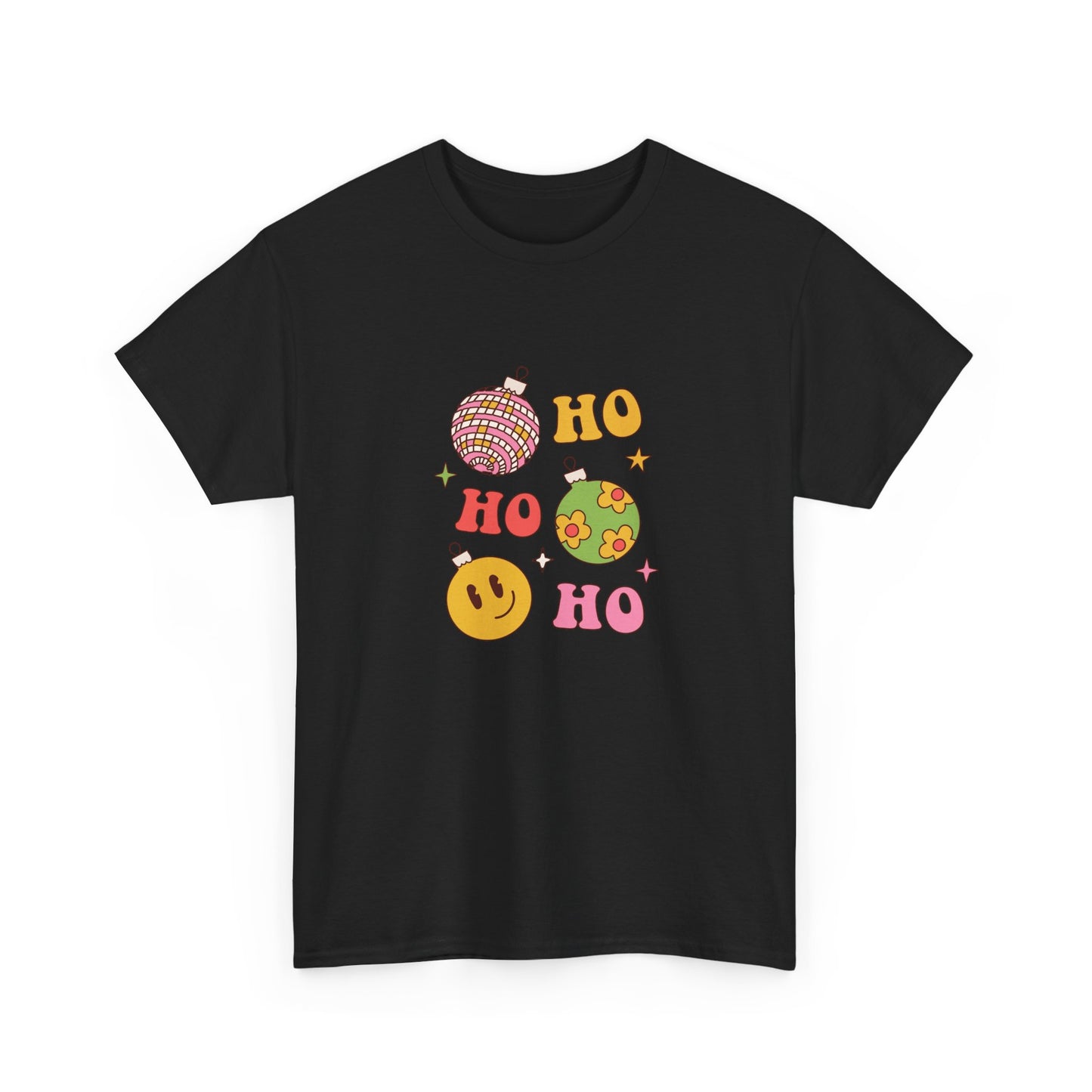 Holiday Ho Ho Ho Graphic Tee — Retro Ornaments & Smiley Face Christmas Shirt