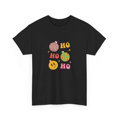 Holiday Ho Ho Ho Graphic Tee — Retro Ornaments & Smiley Face Christmas Shirt