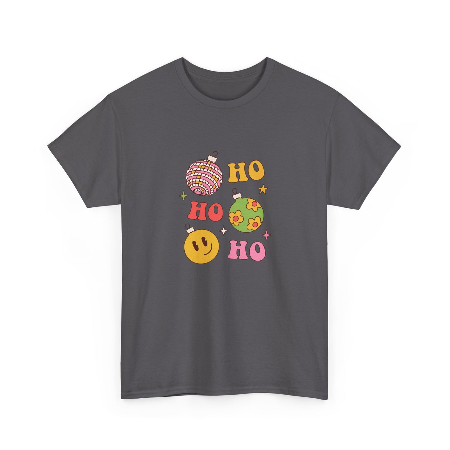 Holiday Ho Ho Ho Graphic Tee — Retro Ornaments & Smiley Face Christmas Shirt