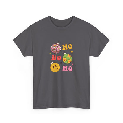 Holiday Ho Ho Ho Graphic Tee — Retro Ornaments & Smiley Face Christmas Shirt