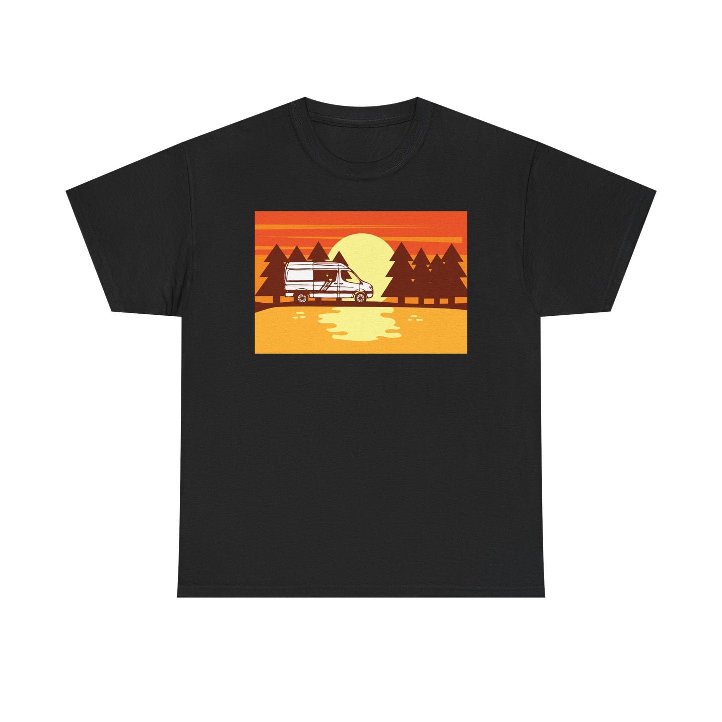 Retro Sunset Camper Unisex Heavy Cotton Tee, Vintage T-Shirt, Camping Apparel, Summer Shirt, Gift for Travel Lovers - MaisonThreadory
