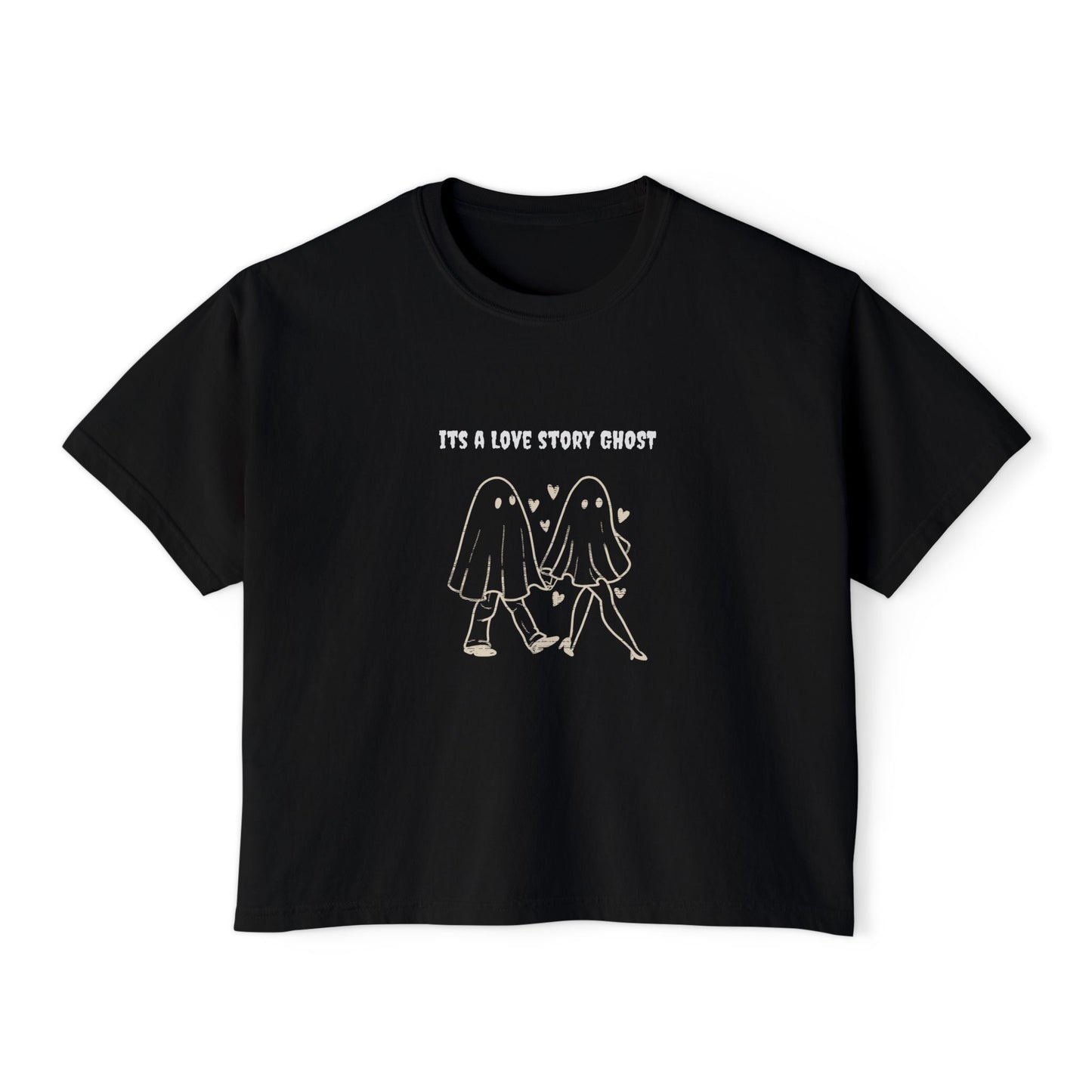 Cute Love Story Ghost Women's Boxy Tee, Fun Casual Top, Halloween Apparel, Gift for Ghost Lovers, Spooky Season Shirt, Relaxed Fit Tee - MaisonThreadory