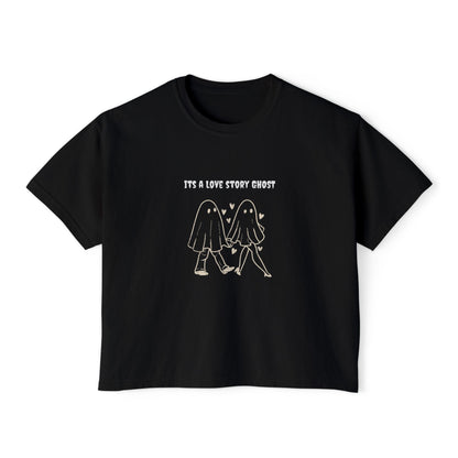 Cute Love Story Ghost Women's Boxy Tee, Fun Casual Top, Halloween Apparel, Gift for Ghost Lovers, Spooky Season Shirt, Relaxed Fit Tee - MaisonThreadory