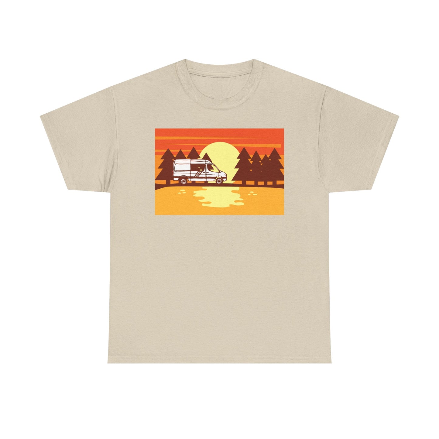 Retro Sunset Camper Unisex Heavy Cotton Tee, Vintage T-Shirt, Camping Apparel, Summer Shirt, Gift for Travel Lovers - MaisonThreadory