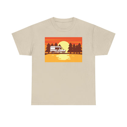 Retro Sunset Camper Unisex Heavy Cotton Tee, Vintage T-Shirt, Camping Apparel, Summer Shirt, Gift for Travel Lovers - MaisonThreadory
