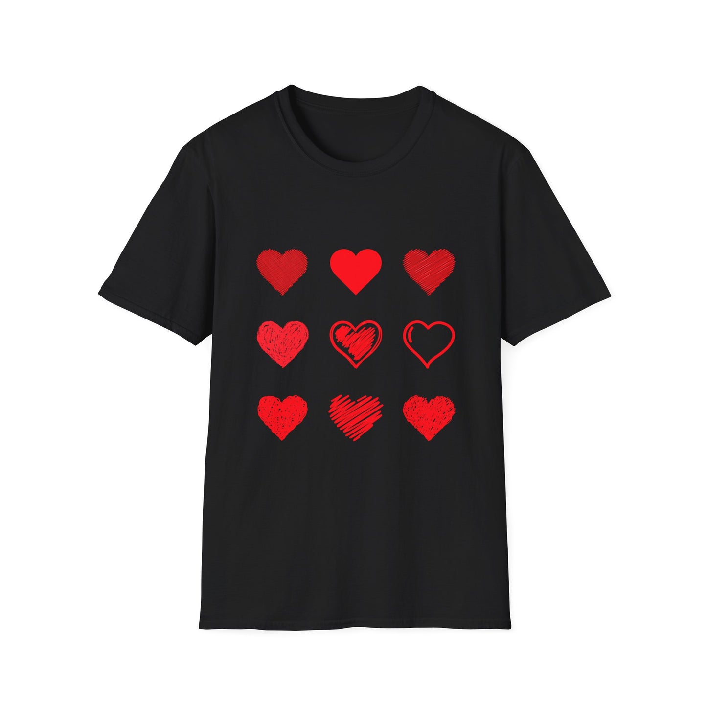 Heart Icons T-Shirt — Red Sketch & Filled Heart Graphic Tee for Valentine’s Day