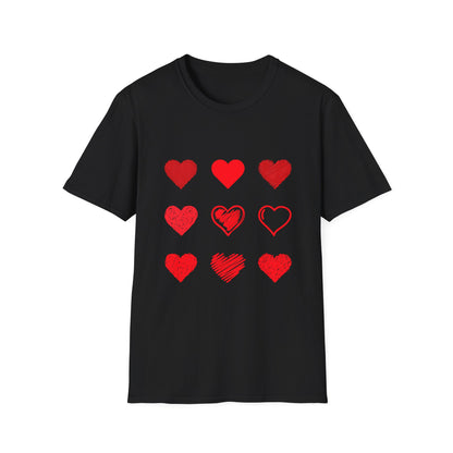 Heart Icons T-Shirt — Red Sketch & Filled Heart Graphic Tee for Valentine’s Day