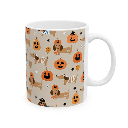Halloween Dachshund Mug, Pumpkin Decor, Fall Coffee Cup, Dog Lover Gift, Holiday Kitchenware, Cute Dachshund Design