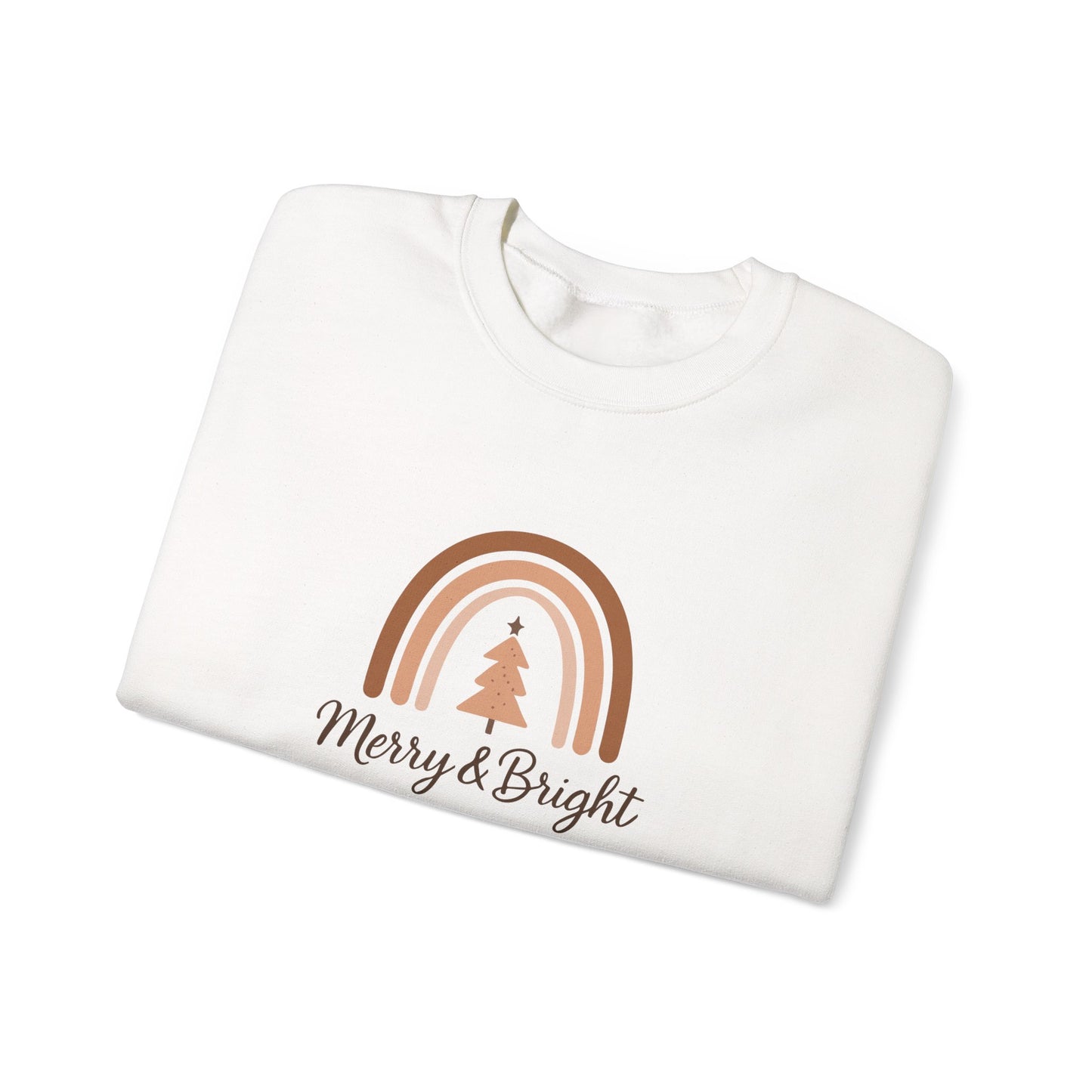 Merry & Bright Christmas Crewneck Sweatshirt — Neutral Rainbow Holiday Sweatshirt