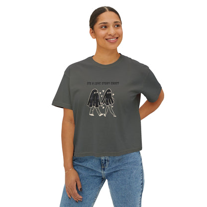 Cute Love Story Ghost Women's Boxy Tee, Fun Casual Top, Halloween Apparel, Gift for Ghost Lovers, Spooky Season Shirt, Relaxed Fit Tee - MaisonThreadory