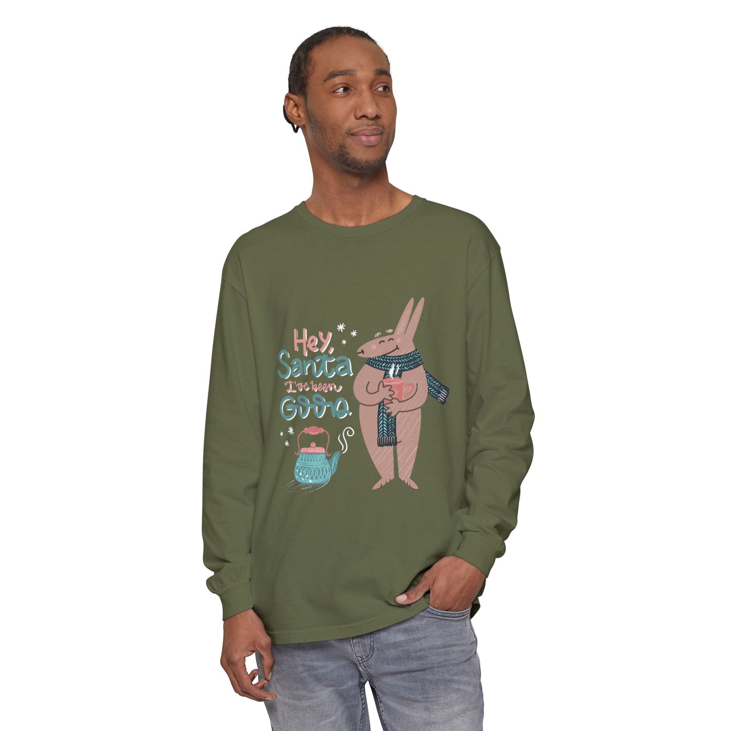 Hey Santa I’ve Been Good Long Sleeve T-Shirt — Cute Bunny Christmas Holiday Top