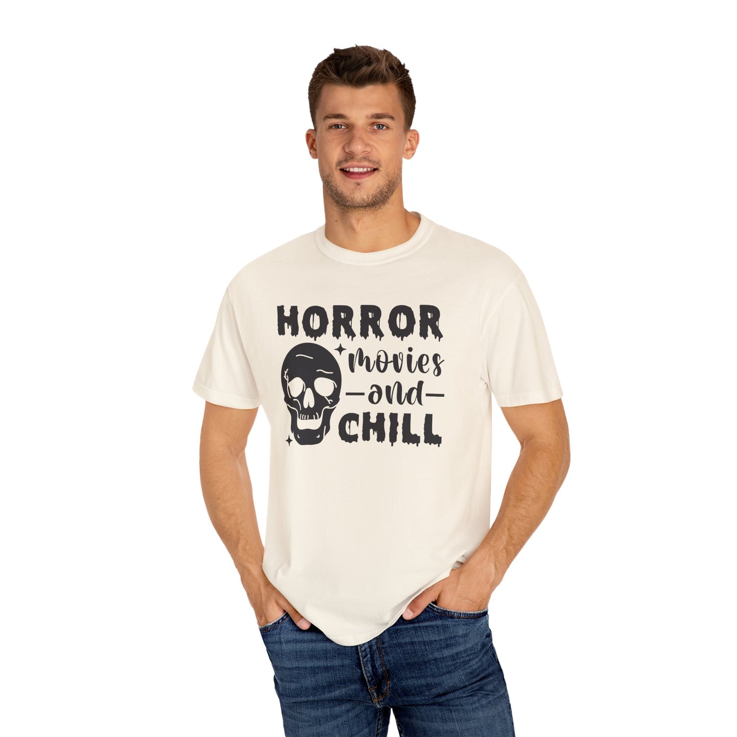 Horror Movies and Chill T-Shirt, Perfect for Halloween, Movie Nights, Gifts for Horror Fans, Unisex Graphic Tee, Soft Cotton Casual Wear