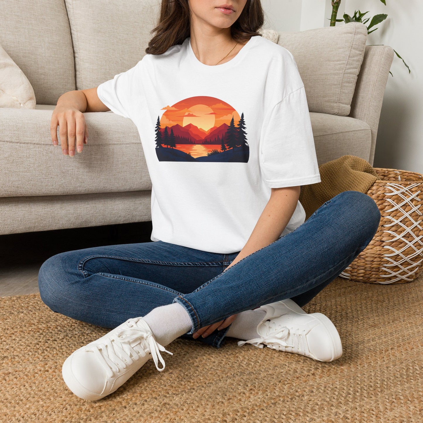 Sunset Mountain Lake T-Shirt — Retro Nature Graphic Tee for Outdoors Lovers