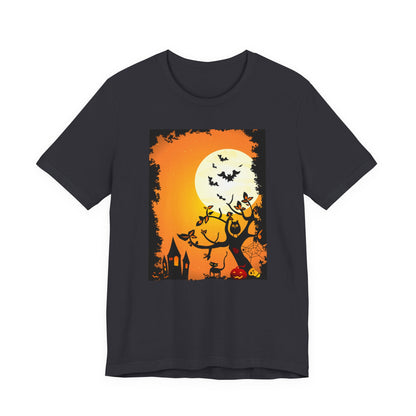 Halloween-Themed Unisex Tee, Spooky T-Shirt, Graphic Halloween Shirt, Fall Apparel, October Celebrations, Pumpkin and Bat Design
