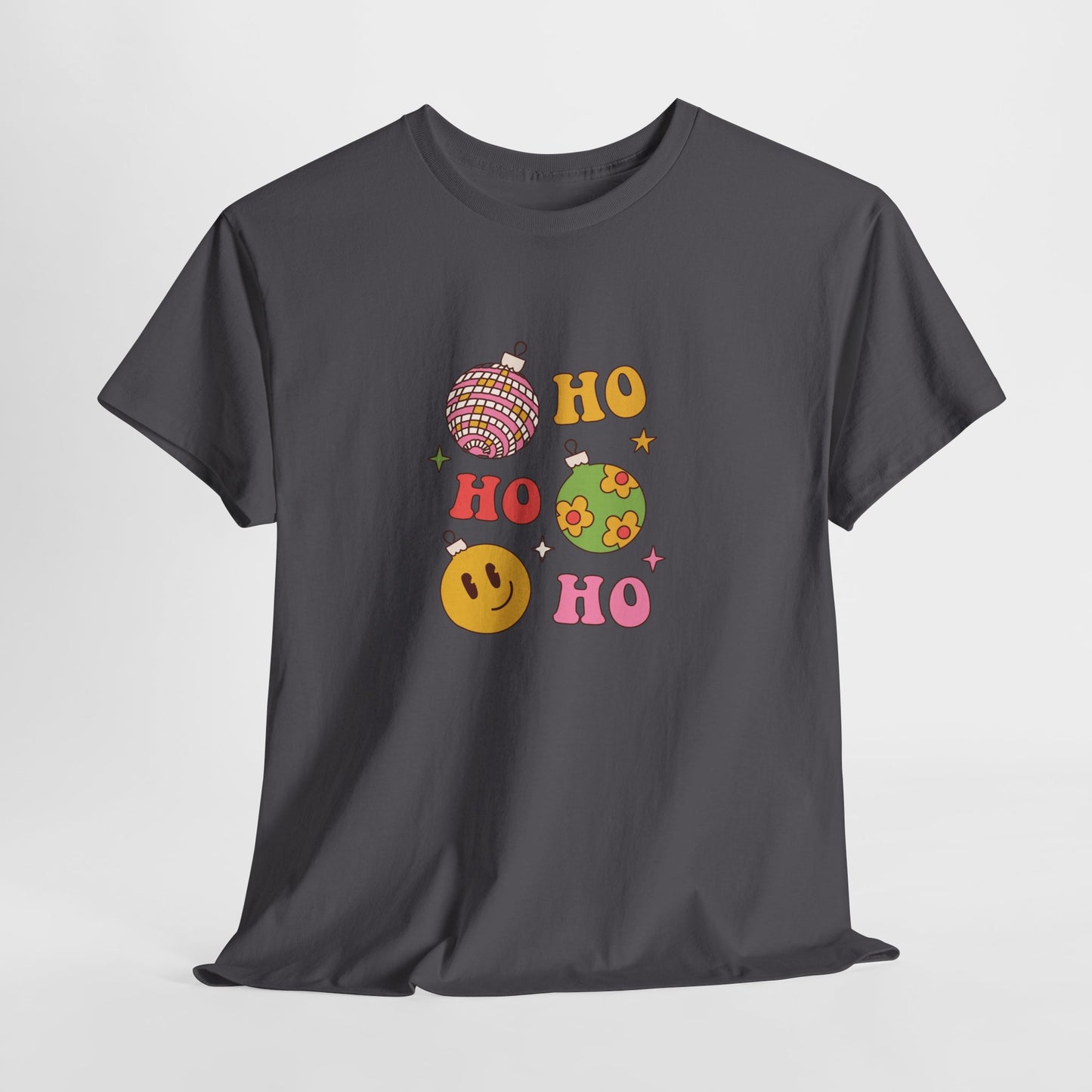 Holiday Ho Ho Ho Graphic Tee — Retro Ornaments & Smiley Face Christmas Shirt