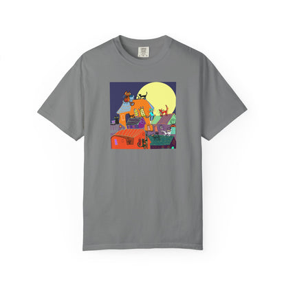 Moonlit Canine Adventure T-Shirt, Unisex Dog Lover Tee, Garment-Dyed Graphic Top, Pet-Themed Gift, Casual Wear