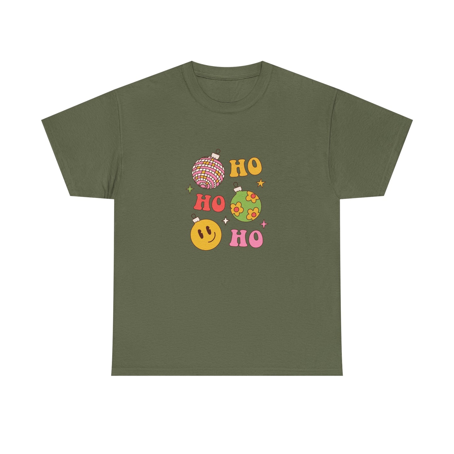 Holiday Ho Ho Ho Graphic Tee — Retro Ornaments & Smiley Face Christmas Shirt