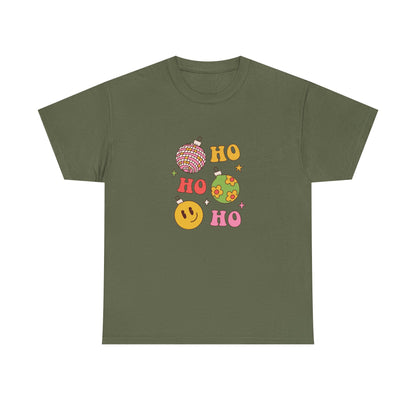 Holiday Ho Ho Ho Graphic Tee — Retro Ornaments & Smiley Face Christmas Shirt