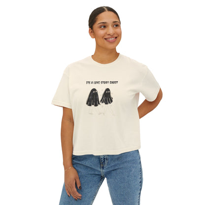 Cute Love Story Ghost Women's Boxy Tee, Fun Casual Top, Halloween Apparel, Gift for Ghost Lovers, Spooky Season Shirt, Relaxed Fit Tee - MaisonThreadory