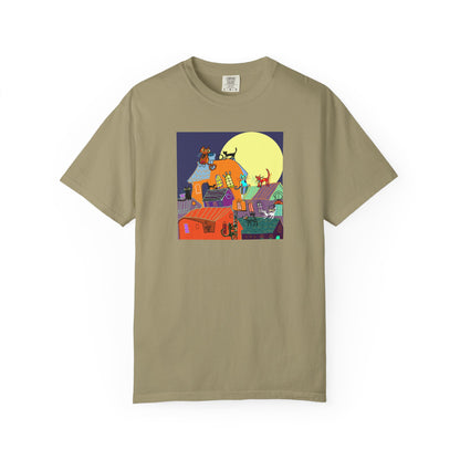 Moonlit Canine Adventure T-Shirt, Unisex Dog Lover Tee, Garment-Dyed Graphic Top, Pet-Themed Gift, Casual Wear