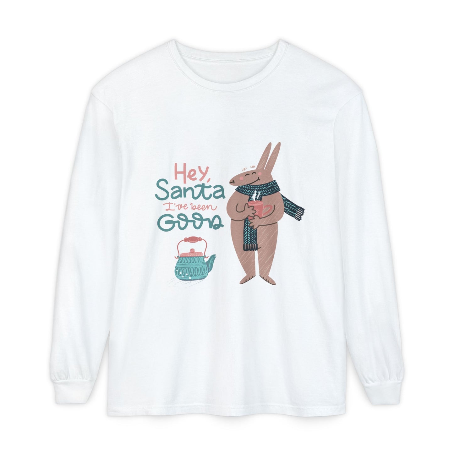 Hey Santa I’ve Been Good Long Sleeve T-Shirt — Cute Bunny Christmas Holiday Top