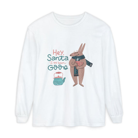 Hey Santa I’ve Been Good Long Sleeve T-Shirt — Cute Bunny Christmas Holiday Top