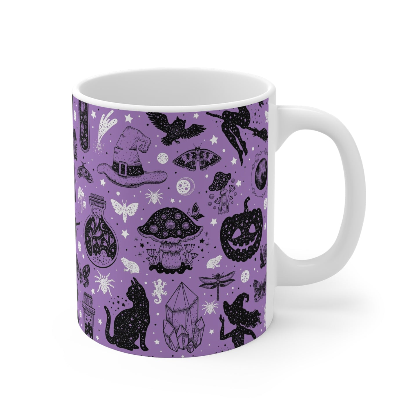 Magical Witchy Mug, 11oz Coffee Cup for Halloween, Witchcraft Gift, Cozy Drinkware, Crystal and Cat Design - MaisonThreadory