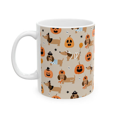 Halloween Dachshund Mug, Pumpkin Decor, Fall Coffee Cup, Dog Lover Gift, Holiday Kitchenware, Cute Dachshund Design