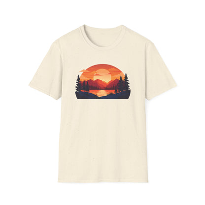 Sunset Mountain Lake T-Shirt — Retro Nature Graphic Tee for Outdoors Lovers