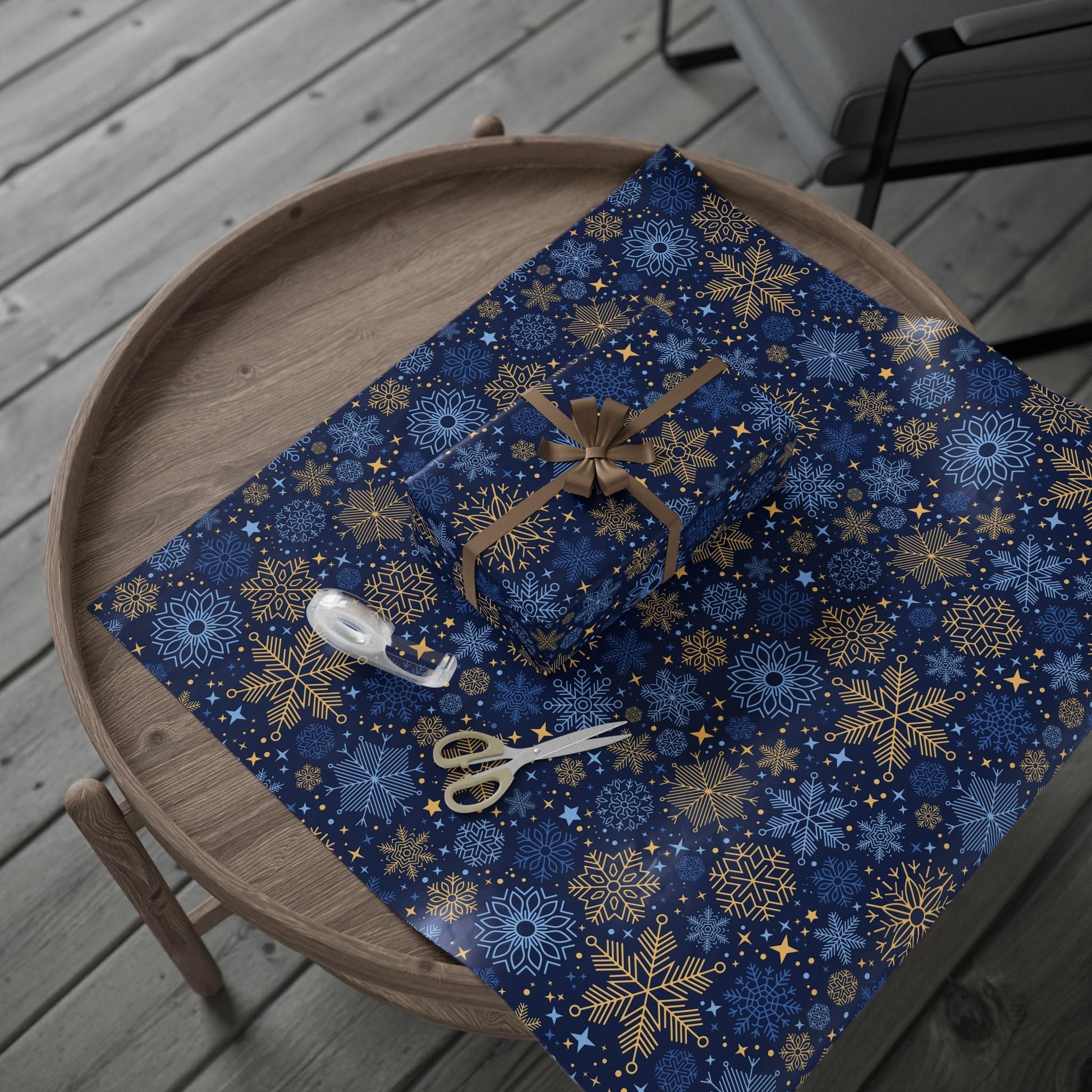 Holiday Snowflake Wrapping Paper - Navy & Gold Gift Wrap - MaisonThreadory