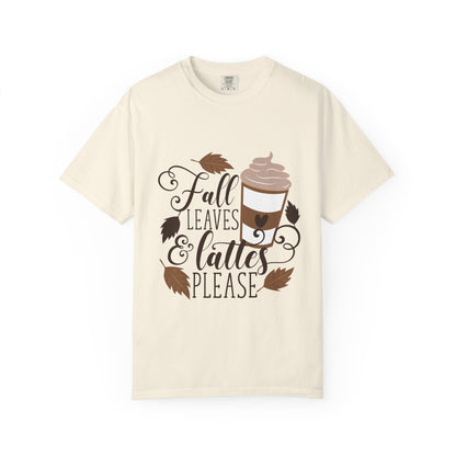 Fall Leaves & Lattes Unisex T-Shirt, Cozy Autumn Tee, Perfect for Fall, Coffee Lovers Gift, Seasonal Fashion Statement, Thanksgiving Shirt - MaisonThreadory