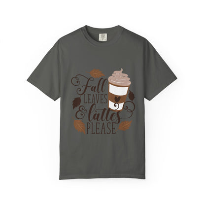 Fall Leaves & Lattes Unisex T-Shirt, Cozy Autumn Tee, Perfect for Fall, Coffee Lovers Gift, Seasonal Fashion Statement, Thanksgiving Shirt - MaisonThreadory