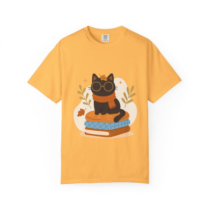Charming Cat Graphic T-Shirt, Cozy Autumn Tee with Books and Glasses, Perfect for Cat Lovers, Gift for Bookworms, Unisex Fall Fashion - MaisonThreadory