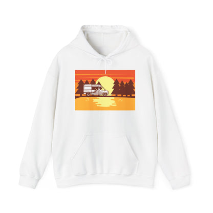 Retro Camping Sunset Hoodie, Cozy Outdoor Sweatshirt, Fall Vibes Pullover, Unisex Nature Gift, Adventure Hoodie - MaisonThreadory