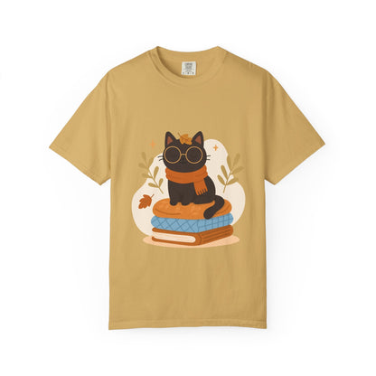Charming Cat Graphic T-Shirt, Cozy Autumn Tee with Books and Glasses, Perfect for Cat Lovers, Gift for Bookworms, Unisex Fall Fashion - MaisonThreadory