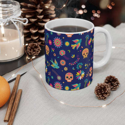 Colorful Floral Skull Mug, Day of the Dead Coffee Cup, Bohemian Drinkware, Gift for Her, Unique Art Mug - MaisonThreadory