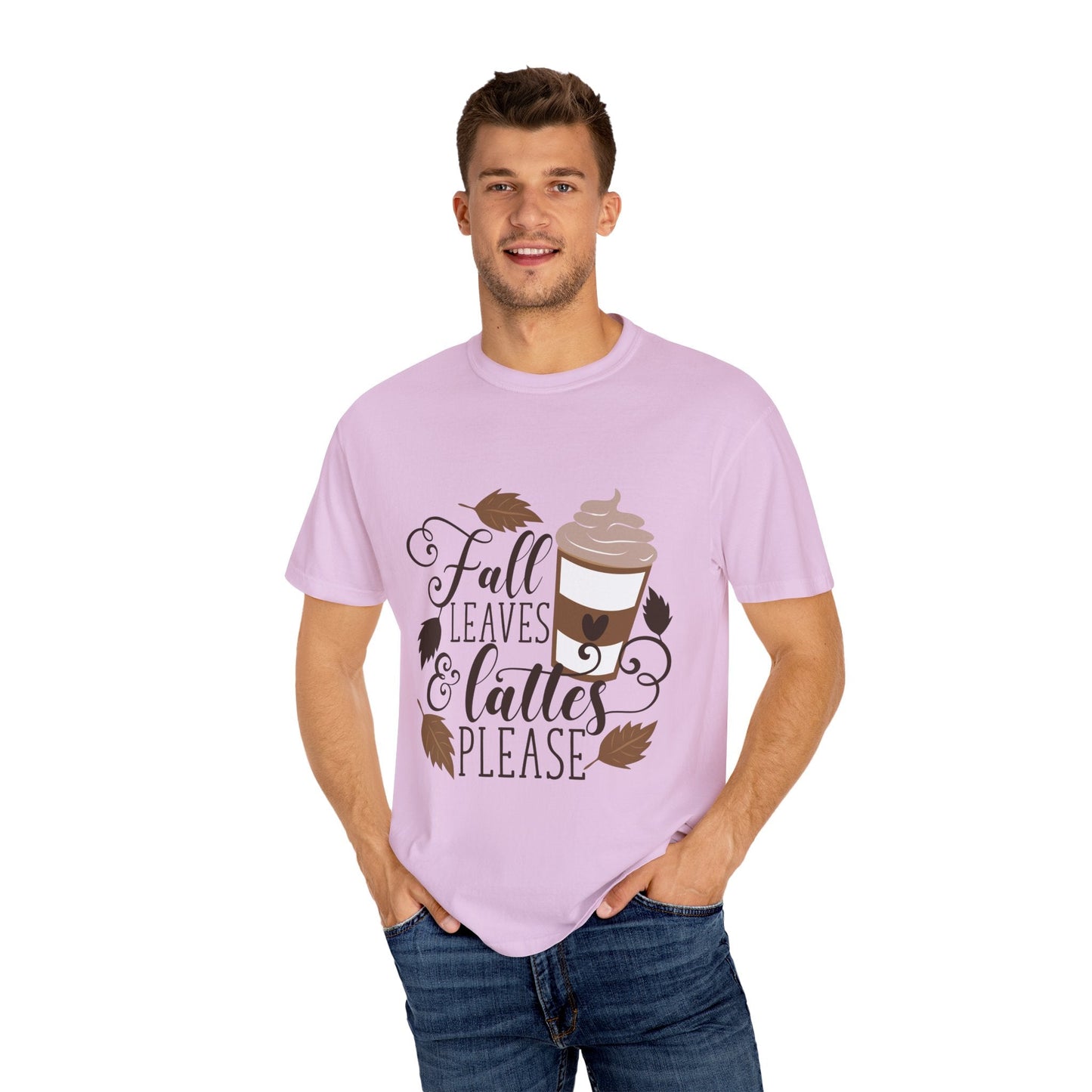 Fall Leaves & Lattes Unisex T-Shirt, Cozy Autumn Tee, Perfect for Fall, Coffee Lovers Gift, Seasonal Fashion Statement, Thanksgiving Shirt - MaisonThreadory